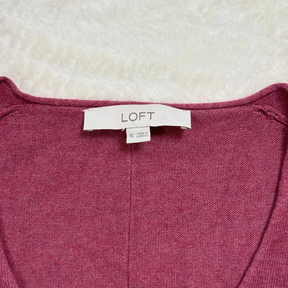 LOFT Sweater Womens XL Pink V-Neck Long Sleeve Fine Knit Ribbed Hem Casual Berry